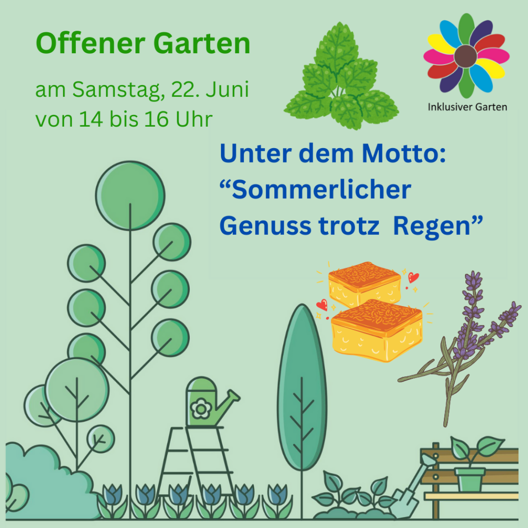 Das Bild zeigt eine einfache Zeichnung eines Gartens. Darauf sind kleine Bilder von Minze, Kuchen und Lavendel. Darüber steht "Offener Garten am Samstag, 22. Juni von 14 bis 16 Uhr unter dem Motto Sommerlicher Genuss trotz Regen". (Bild: Stadtjugendring Regensburg)