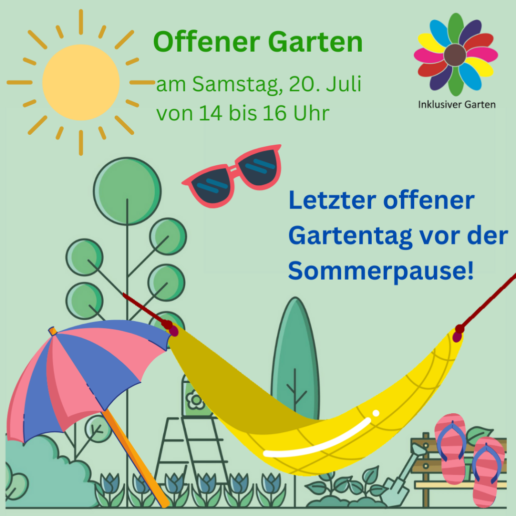 Die Zeichnung zeigt einen Gartens mit einem Sonnenschirm, einer Hängematte, Sandalen, einer Sonne und einer Sonnenbrille. Dabei steht "Offener Garten am Samstag, 20. Juli von 14 bis 16 Uhr. Letzter offener Gartentag vor der Sommerpause!". (Bild: Stadtjugendring Regensburg)