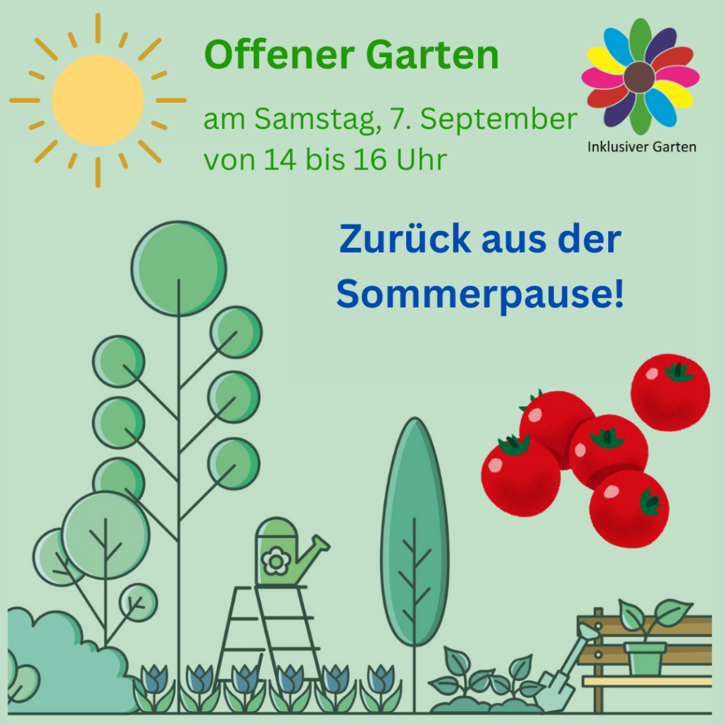 Die Zeichnung zeigt einen Garten, daneben sind Tomaten im Bild. Dabei steht "Offener Garten am Samstag, 7. September von 14 bis 16 Uhr. Zurück aus der Sommerpause!". (Bild: Stadtjugendring Regensburg)